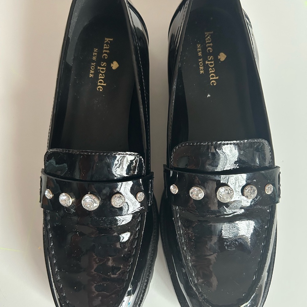 kate spade Black Patent Leather Flats with jewelled Embellishments